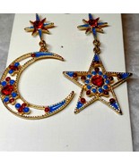 Gorgeous Vtg crescent moon/star earrings~gold trim~red~white~blue rhines... - £20.97 GBP