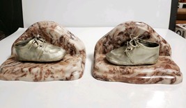 Vintage Silver Dipped BABY SHOE BOOKENDS on Polished Marble Granite Base... - £11.86 GBP