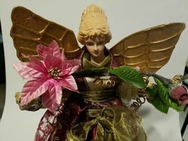 Christmas Angel - Burgundy &amp; Gold Tabletop or Tree Topper w/ Poinsettia 15&quot; EUC! - £17.52 GBP