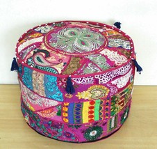 Round Ottoman Pouf Cover, Handmade Foot Rest Chair, Patchwork Pouf 22x22x14 Inch - £24.60 GBP