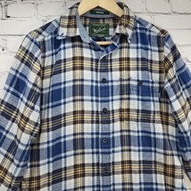 Woolrich Flannel Shirt Mens Sz S Blue Brown Plaid Cotton Button-Up Flaw - £13.44 GBP