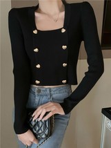 Short Square Collar Crop Top  Sweater Women Korean Clothes Love Button Long Slee - £70.56 GBP