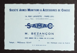 SAMAC Gun Shop &amp; Hunting Supplies Paris France Business Card Advertising 1951 - £7.85 GBP