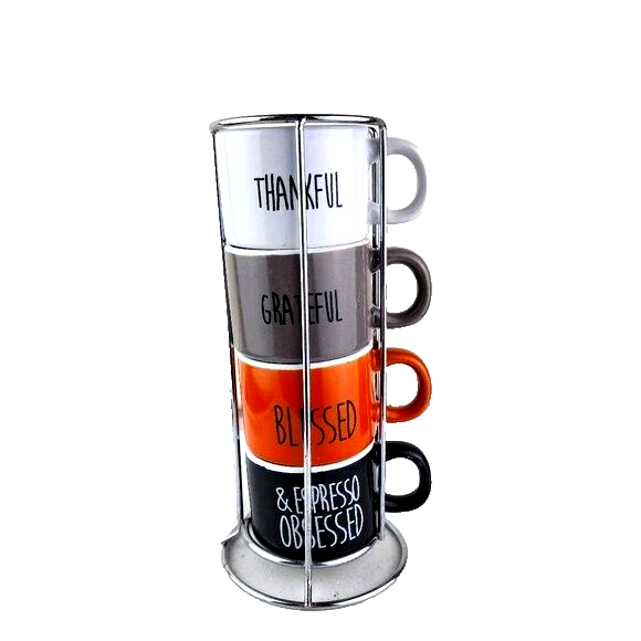 Home Essentials Set of Four Espresso Mugs With Metal Rack NWT - £18.98 GBP