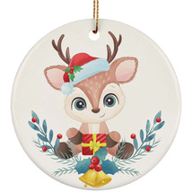 Cute Baby Deer With Chirtmas Gift Round Ornament Xmas Decor For Animal Lover - £11.93 GBP