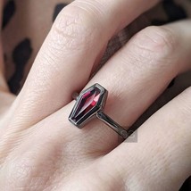 Natural Garnet Dainty Solid 925K Silver Made Coffin Shape Minimalist Gift Ring - £43.24 GBP
