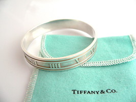 Tiffany &amp; Co Atlas Roman Numeral Bangle Wide Silver Bracelet Love Gift Pouch Art - £398.07 GBP