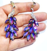 Purple Peacock Earrings, Colorshift Drop Earrings, Rhinestone Chandelier Earring - £33.23 GBP