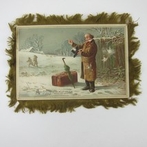 Victorian Card Christmas Man in Snow Green Silk Fringe Double Sided Antique - $39.99