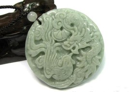 Free Shipping -Natural Green jade carved Dragon Phoenix  Round Shape Jade Pendan - £15.98 GBP