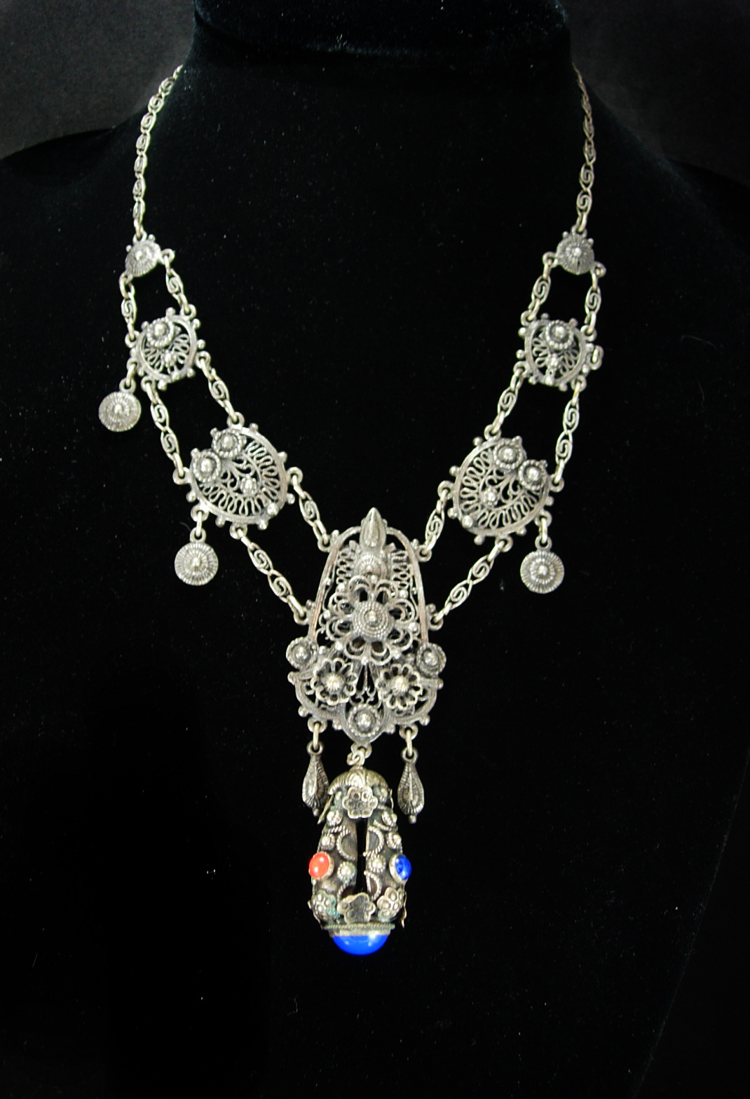 Antique Etruscan necklace Sterling fob Girandole coral lapis stones ...