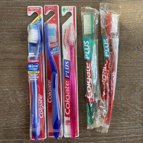 Primary image for 5 SEALED NOS Vintage Colgate Plus Toothbrush Diamond Shaped Full Head Soft WAVE