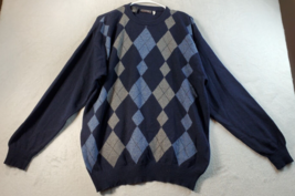 L’uomo Sweater Mens Large Blue Diamond Print Wool Long Raglan Sleeve Round Neck - £15.83 GBP