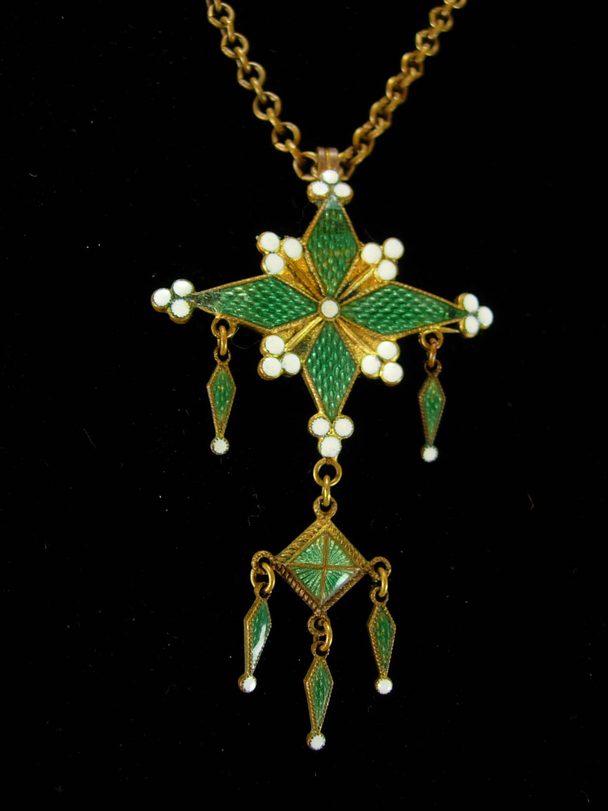 Primary image for Antique Necklace & Brooch Victorian chandelier Green guilloche enamel drop