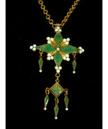Antique Necklace &amp; Brooch Victorian chandelier Green guilloche enamel drop - £219.82 GBP