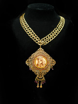 Vintage French Necklace LARGE religious antique icon Red garnet victorian portra - $295.00