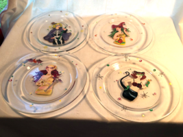 4 Handpainted Halloween Sexy Witches Glass Plates 8&quot; Clear - $23.99