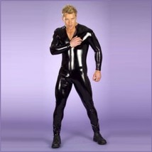 Men's Long Sleeved Black Wet Look Faux PU Leather Front Zip Up Body Catsuit