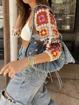 Bohemia Plaid Hand Crochet Colorful Long Sleeves knit Shrugs Bolero Card... - $29.00