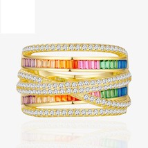 Multi Layers Band Criss Cross Colorful Cubic Zirconia 925 Sterling Silver Ring - £96.48 GBP