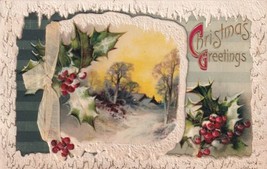 Christmas Booklet Snow Covered Home Holly  Berries Ribbon Postcard D49 - £2.35 GBP