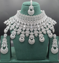 Indian 18k White Filled Bollywood Style Choker Diamond Necklace Big Jewelry Set - £295.47 GBP