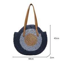 Round Straw Beach Bag Vintage Handmade Woven Shoulder Bag Raffia Circle Rattan B - £42.01 GBP