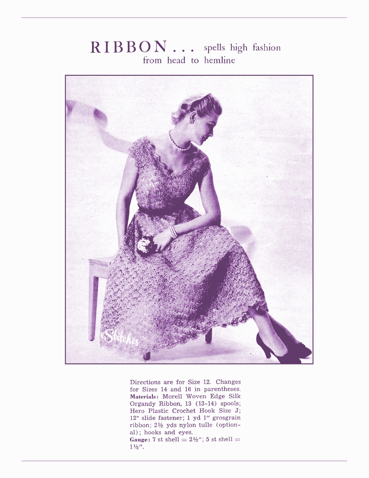 1950s Dress with Scalloped V Neckline, Flared Skirt - Crochet pattern (PDF 3736) - $3.75