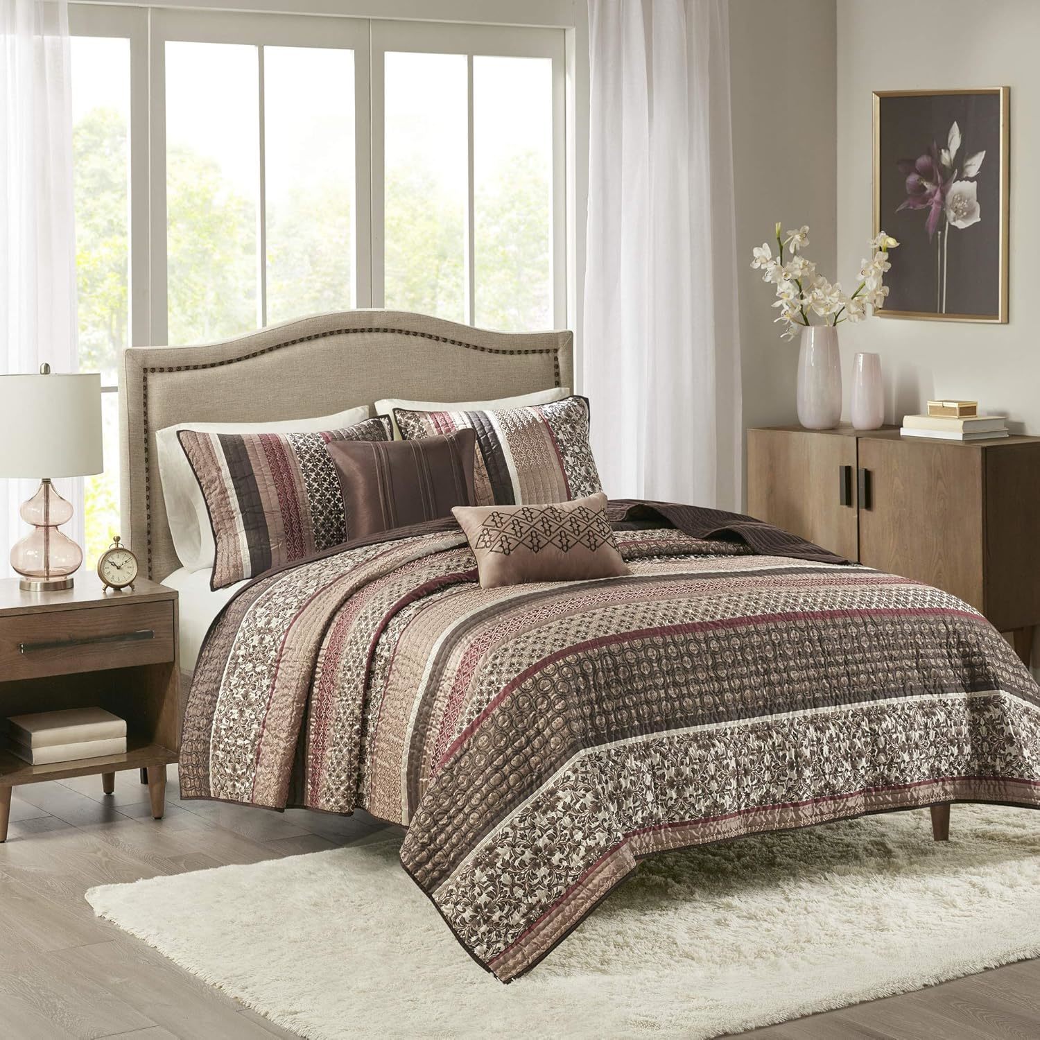King/Cal King(104&quot;X94&quot;), Floral Red 5 Pc., Madison Park, Decorative Pillow. - $93.97
