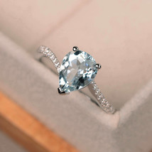 2Ct Pear Cut Aquamarine Solitaire Engagement Ring Solid 14K White Gold Finish - £90.90 GBP