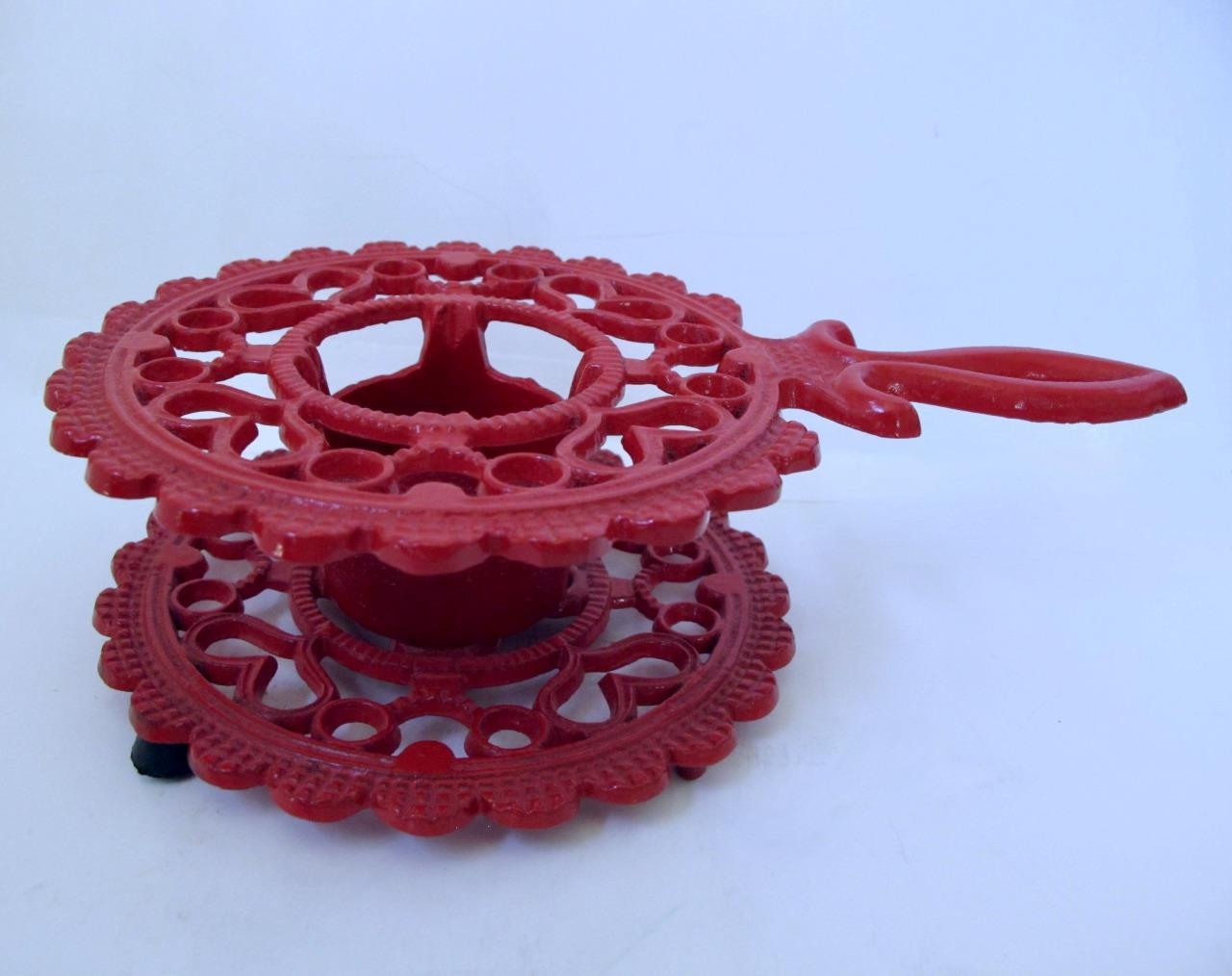 Vintage Red Enamel Painted Iron Teapot Food Warmer Votive Trivet Hearts ... - $21.99