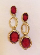 Red Stone Earrings Clear Faceted Rhinestones Gold Metal Pierced Post Dangle - £23.30 GBP
