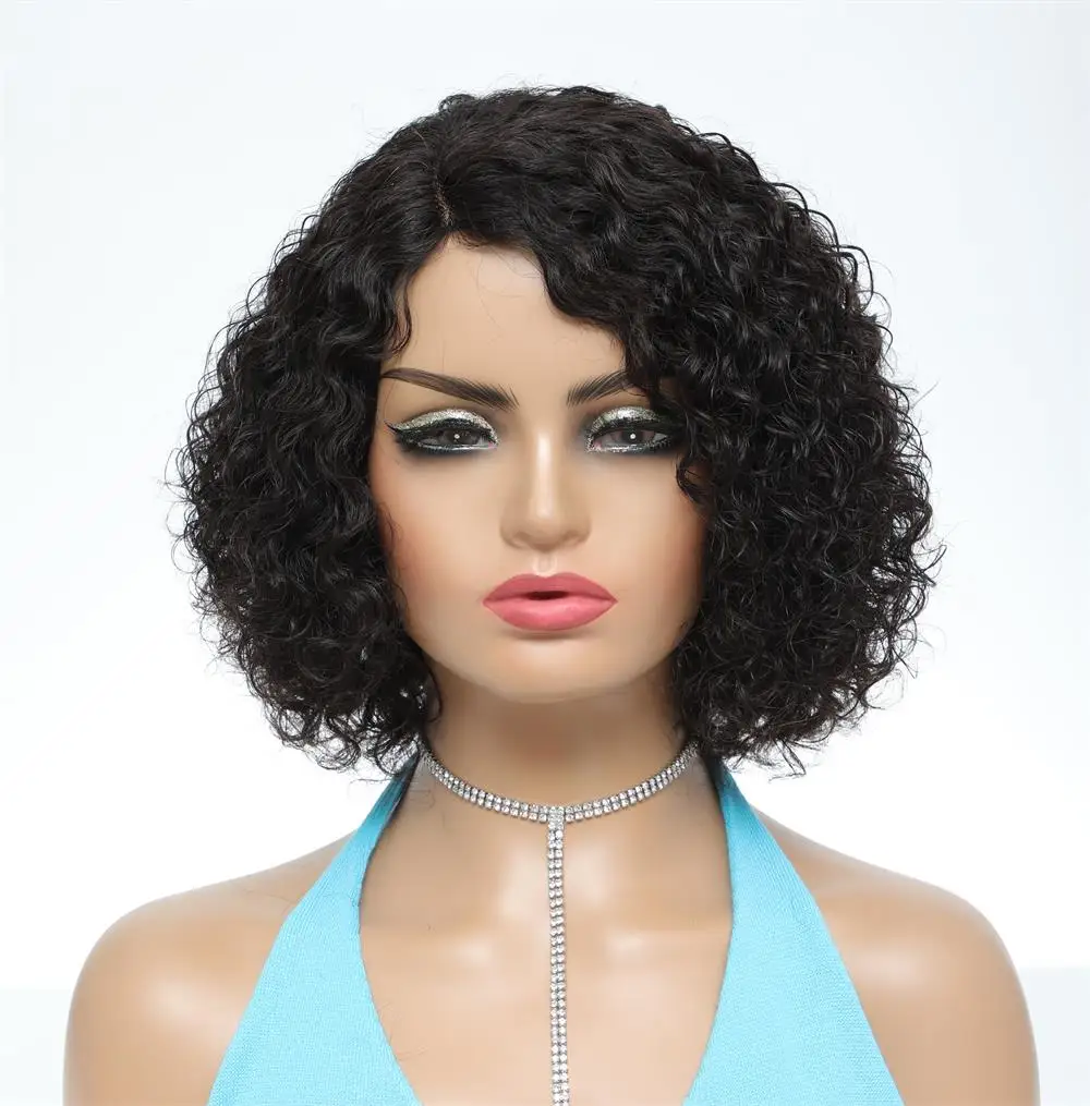 Jerry Curly Human Hair Wig With Bang Short Bob Full Machine Made Wig For... - $74.97