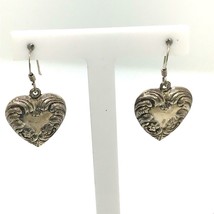 Vintage Signed Sterling Silver Art Nouveau Repousse Puff Heart Dangle Earrings - £31.65 GBP