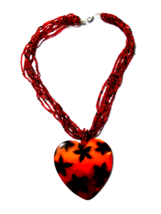 Red and Black Heart Shell Pendant on Red Multi 7 Strand Seed Bead 16&quot; Ne... - $6.99 CAD