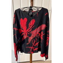 Vintage Carole Little Black Rayon Blouse With Red Floral Design Has Rhinestones - £15.10 GBP