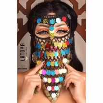 Egyptian Belly Dancing Face Veil Black &amp;Colorful Coins Belly Dance Acces... - £30.82 GBP