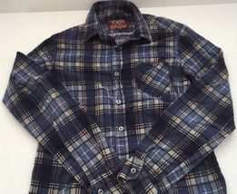 Boys youth button long sleeve blue plaid vintage  flannel shirt long tail - $19.75