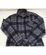 Boys youth button long sleeve blue plaid vintage  flannel shirt long tail - £15.64 GBP