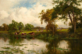 Art Giclee Printed Oil Painting Print Cows drinking water Canvas - £8.15 GBP+