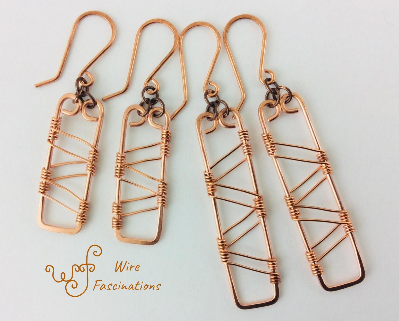Handmade solid copper earrings: double diagonal wire wrapped rectangles - $28.00