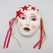 Mardi Gras Style Porcelain Mask Red Stars White Face 5 7/8&quot; x 6&quot; Ribbons - £11.00 GBP
