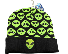 Alien Green Cuffed Knit Beanie Hat Winter Stocking Ski Cap Toque New - £7.95 GBP