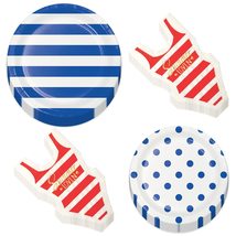 Retro-Inspired Blue Stripes &amp; Polka Dots Paper Dinner Plates, Dessert Plates, an - £12.22 GBP