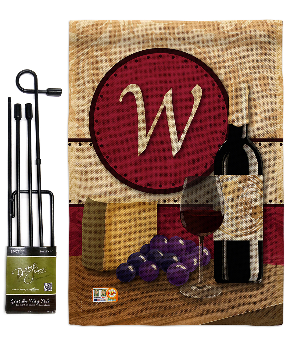 Wine W Initial Burlap - Impressions Decorative Metal Garden Pole Flag Set GS1302 - £27.15 GBP