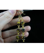 (EE478-12) 8mm round Brown tiger&#39;s eye gemstone beaded dangle gold earrings - $29.60 CAD