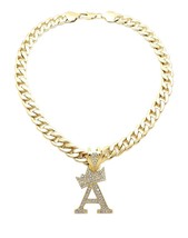 King &amp; Queen Initial Letter A Crystals Pendant Gold-tone Cuban Chain Necklace - £19.74 GBP