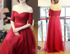 Rosyfancy Burgundy Ruched Tulle Sleeved A-line Evening Gown Formal Dress - £131.59 GBP