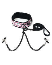Spartacus Faux Leather Collar &amp; Leash w/Black Nipple Clamps - Pink - £31.29 GBP