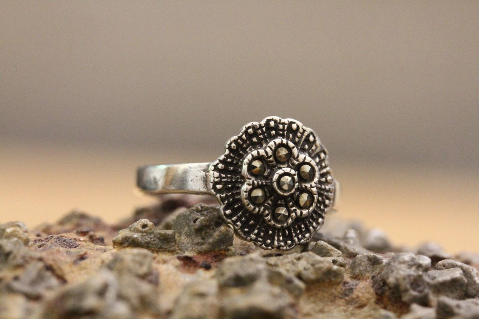 Vintage Artisan Jewelry 925 Sterling Silver Marcasite Gemstone Flower Fl... - $24.99
